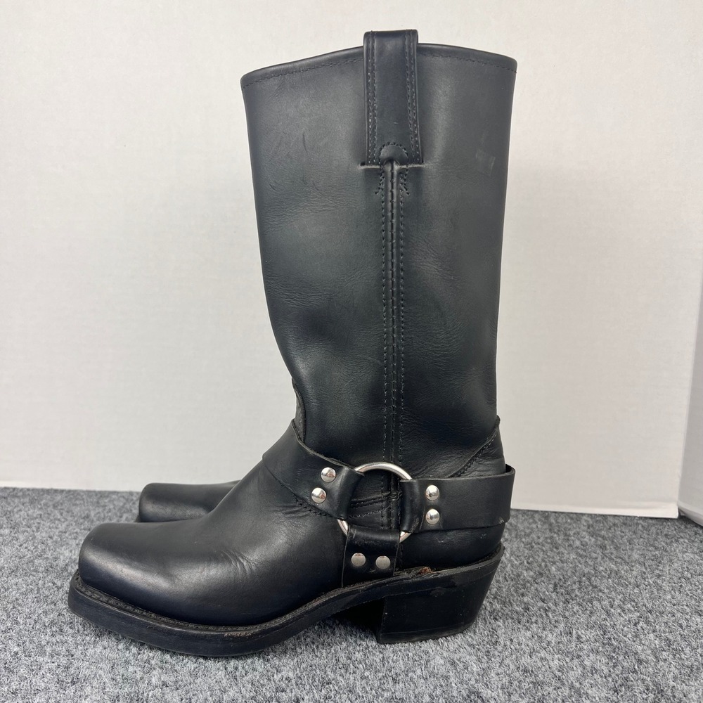 VTG Frye Harness 12R Black Leather Square Toe Moto Boots Womens 6.5 M USA Made